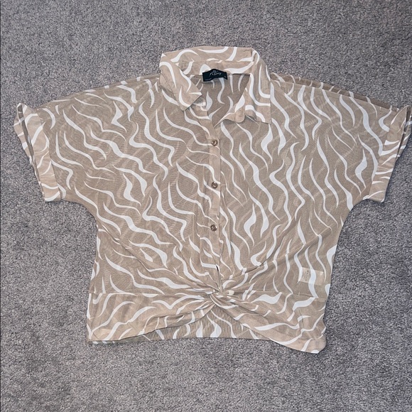 Milk & Honey Tops - Beige and White Patterned Mesh Button-Up Blouse